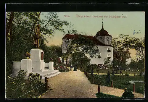 AK Zittau, König Albert-Denkmal mit Stadtgärtnerei