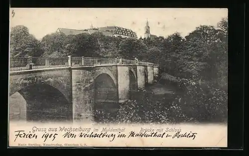 AK Wechselburg im Muldenthal, Brücke mit Schloss