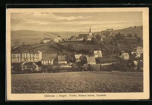 AK Gelenau im Erzgeb, Ortsansicht mit Kirche, Niedere Schule und Turnhalle