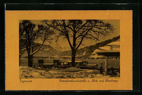 AK Tegernsee, Motorbootlandestelle und Blick auf Blauberge