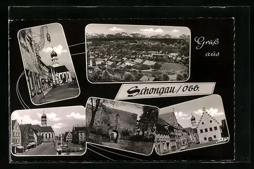 AK Schongau, Ortsansicht und vier Ansichten aus dem Ort