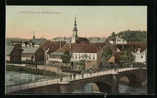 AK Lunzenau, Ortsansicht mit Muldenbrücke