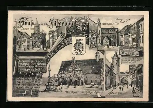 AK Jüterbog, Marktplatz mit Rathaus, Damm-Tor, Neumarkt-Tor, Zinnaer Tor und Wappen