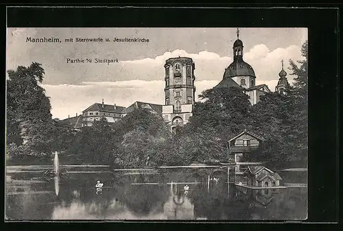 AK Mannheim, Stadtpark mit Sternwarte und Jesuitenkirche