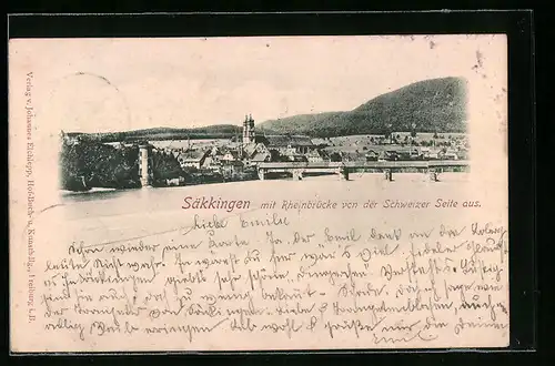 AK Säckingen, Gesamtansicht mit Rheinbrücke von der Schweizer Seite aus gesehen