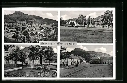 AK Neustadt am Kulm, Gebäudeansicht, Brunnen, Panorama