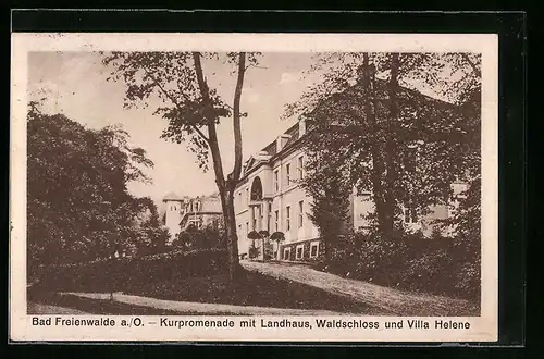 AK Bad Freienwalde / Oder, Kurpromenade mit Landhaus, Waldschloss und Villa Helene