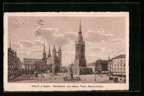 AK Halle a. S., Marktplatz mit rotem Turm und Marienkirche
