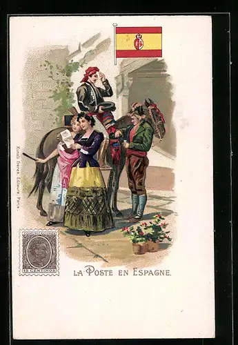 Lithographie La Poste en Espagne, Postbote zu Pferd, Spanische Flagge