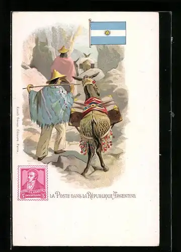 Lithographie La Poste dans la République Argentine, Postbote mit Lastenesel im Gebirge, Flagge von Argentinien
