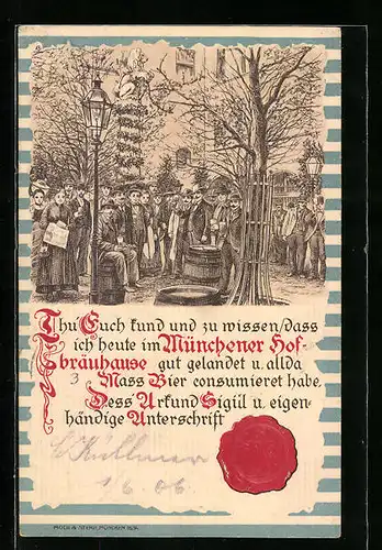 Präge-AK Münchner Hofbräuhaus, feiernde Gäste im Hof