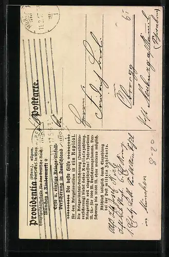 AK Providentia, österr. Kriegs-Unfall-Versicherung, Invalidenversicherung, Invaliden mit Göttin am Ortsrand