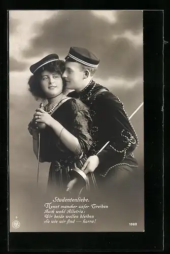 AK Studentenliebe, Liebespaar mit Couleurmützen in vertrauter Pose