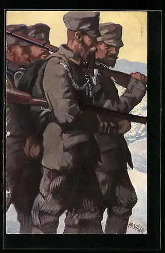 Künstler-AK sign. Sailer: Infanterie mit Gewehren im schneebedeckten Gebirge
