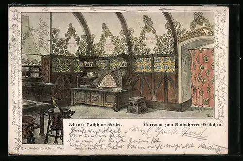 Künstler-AK Wien, Gasthaus Rathaus-Keller, Vorraum zum Ratsherren-Stübchen, Innenansicht