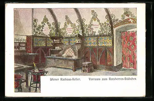 Künstler-AK Wien, Gasthaus Rathaus-Keller, Vorraum zum Ratsherren-Stübchen, Innenansicht