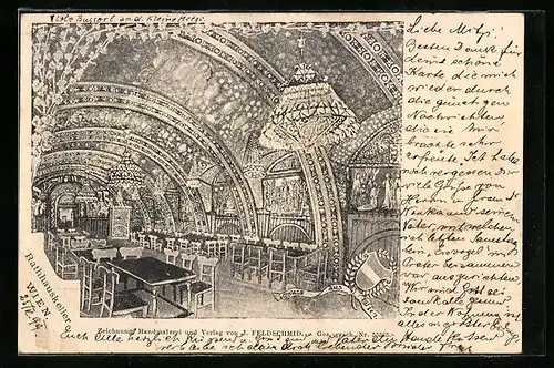 Künstler-AK Wien, Gasthaus Rathaus-Keller, Innenansicht