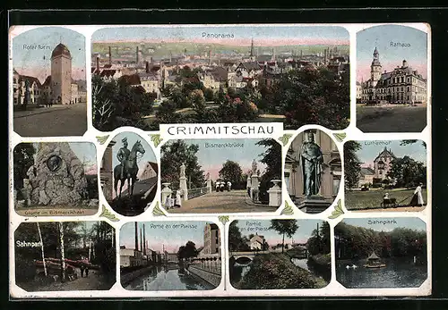 AK Crimmitschau, Lutherhof, Rathaus, Partie an der Pleisse