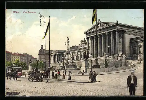 AK Wien, Passanten und Strassenbahn vor dem Parlament
