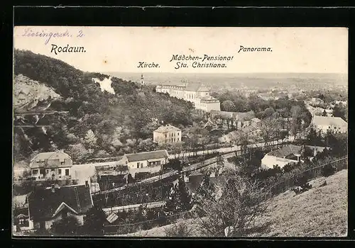 AK Wien, Rodaun, Panorama mit Kirche und Mädchen-Pensionat Sta. Christiana