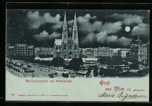 Mondschein-AK Wien, Maximiliansplatz mit Votivkirche