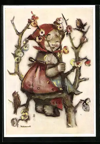 Künstler-AK Hummel: Mädchen sitzt auf Baum mit Vögeln