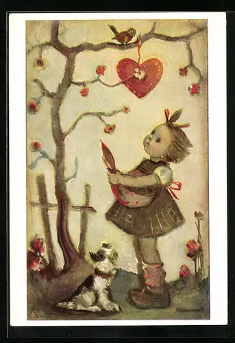 Künstler-AK Hummel: Herz am Baum und Mädchen