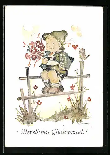 Künstler-AK Hummel: Junge mit Blumen sitzt auf dem Zaun, Glückwunsch