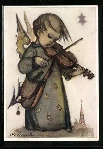 Künstler-AK Hummel: Weihnachtsengel spielt Geige, Weihnachtsgruss