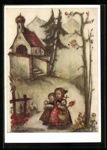 Künstler-AK Hummel: Zwei kleine Mädchen vor einer Kirche