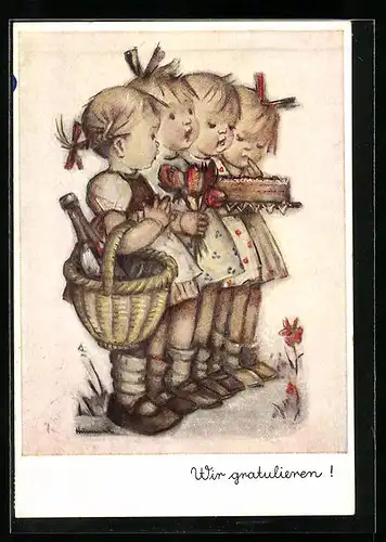 Künstler-AK Hummel: Kinder mit Wein und Kuchen, Glückwunsch