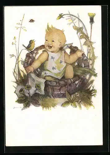 Künstler-AK Hummel: Kleines Kind im Korb mit Vogel