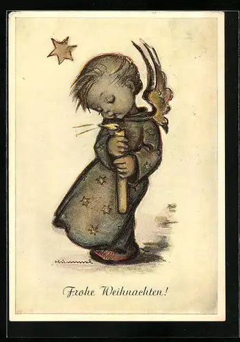 Künstler-AK Hummel: Weihnachtsengel mit Kerze, Weihnachtsgruss