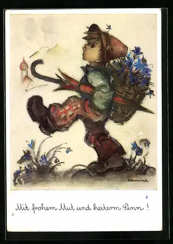 Künstler-AK Hummel: Junge mit Blumenkorb und Schirm