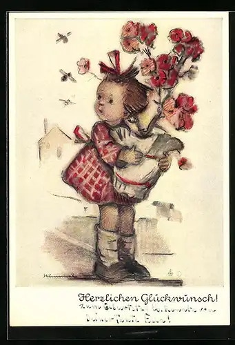 Künstler-AK Hummel: Mädchen mit Topfpflanze, Glückwunsch