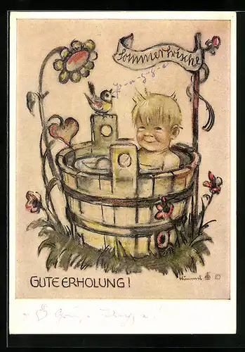Künstler-AK Hummel: Junge sitzt im Badezuber