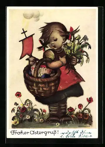 Künstler-AK Hummel: Mädchen mit Osterkorb, Ostergruss