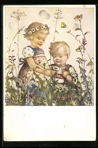 Künstler-AK Hummel: Kinderpaar auf einer Blumenwiese