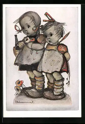 Künstler-AK Hummel: Gratulanten mit Korb