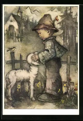 Künstler-AK Hummel: Kleiner Junge mit einem Lämmlein