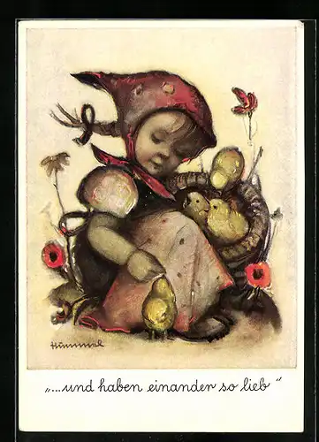 Künstler-AK Hummel: Kleines Mädchen mit Osterküken, Ostergruss