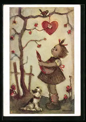 Künstler-AK Hummel: Herz am Baum und Mädchen