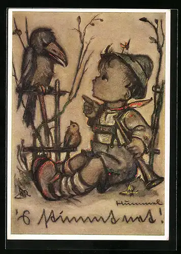 Künstler-AK Hummel: Junge spricht mit einem Raben