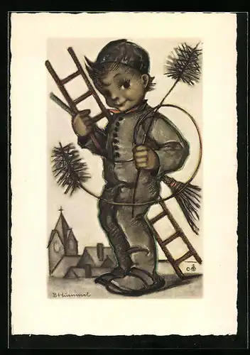 Künstler-AK Hummel: Schornsteinfeger mit Leiter und Besen
