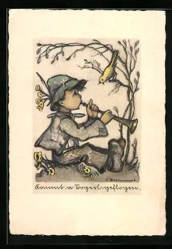 Künstler-AK Hummel: Kommt a Vogerl geflogen..., Junge spielt Flöte
