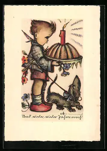 Künstler-AK Hummel: Junge mit Kuchen und Dackel