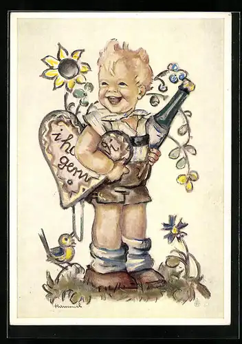 Künstler-AK Hummel: Junge mit einem Lebkuchenherz