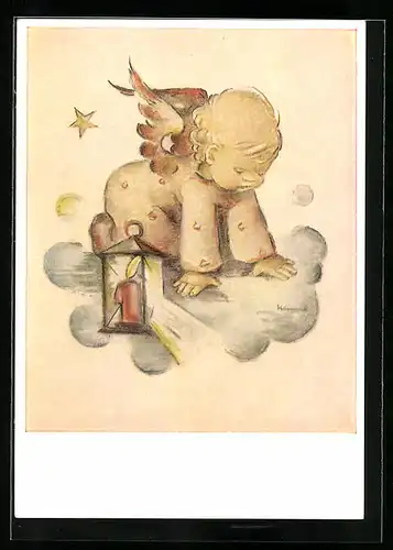 Künstler-AK Hummel: Weihnachtsengel schaut von der Wolke, Festtagsgruss