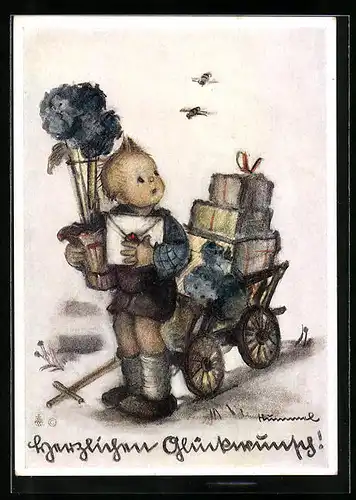 Künstler-AK Hummel: Junge mit Brief und Karren, Glückwunsch