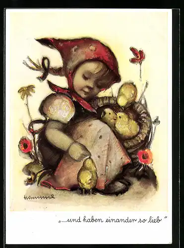 Künstler-AK Hummel: Mädchen mit Osterküken, Ostergruss